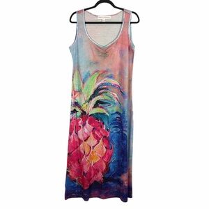 Leoma Lovegrove Pineapple Art Print Sleeveless Dress Size Large Tropical Resort